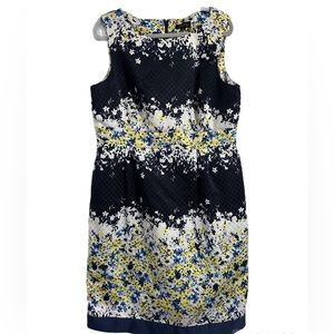 Vintage Tahari Size 16 Dark Blue, Yellow, and White Dress with Pockets